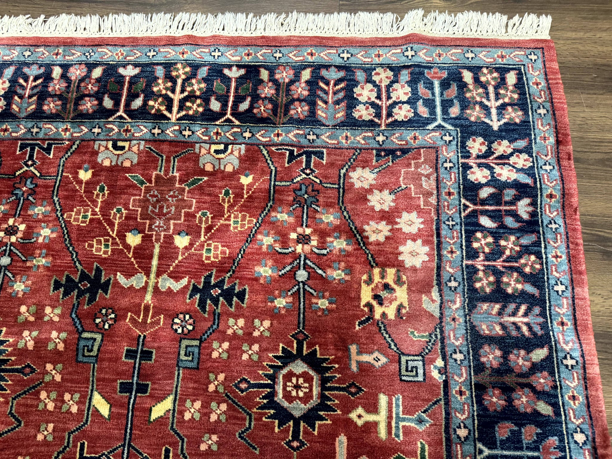 Indo Persian Heriz Serapi Rug 6x8, Rust Red and Navy Blue, Allover Pattern by Jewel Rugs