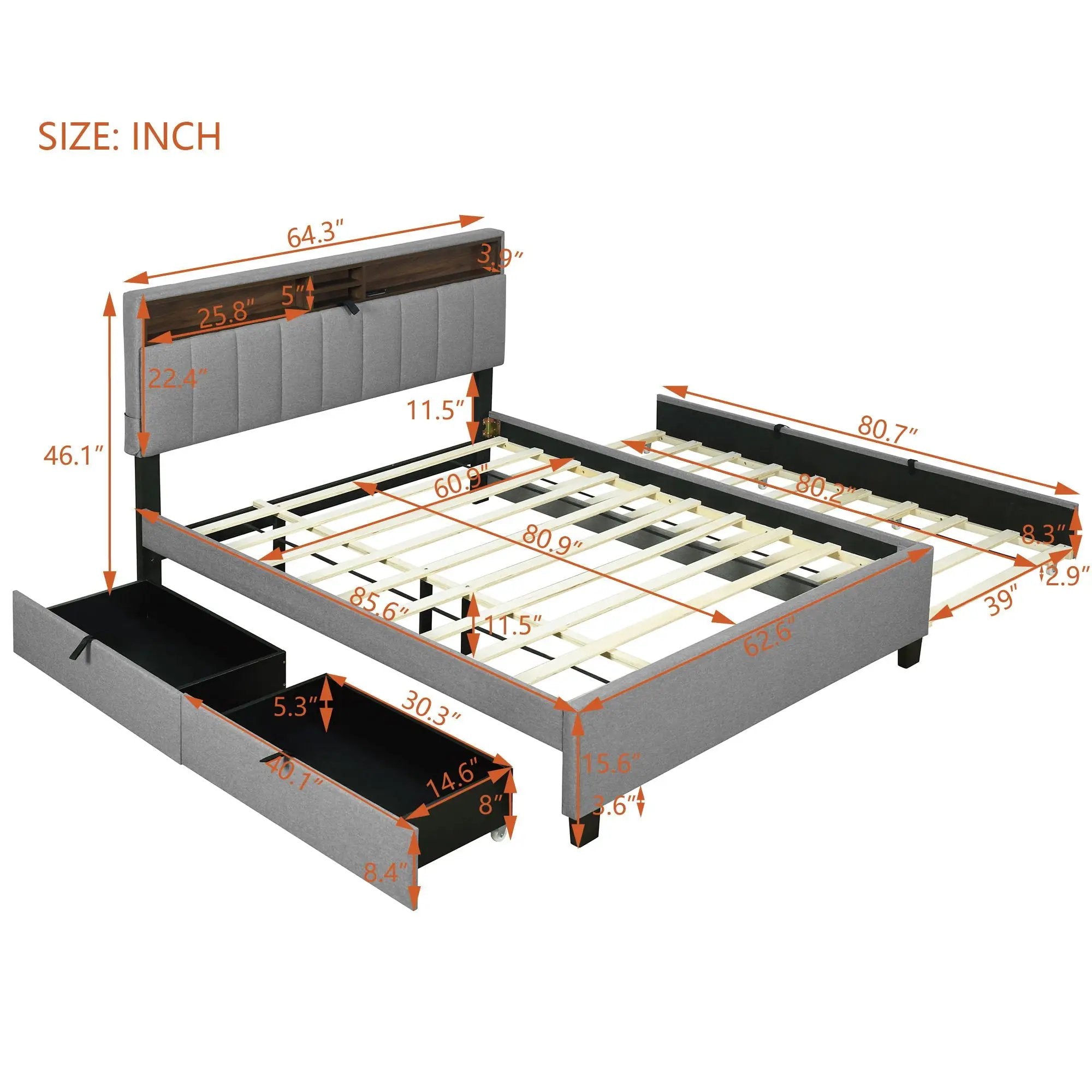 Upholstered Platform Bed With Storage Headboard, Trundle & 2 Drawers And A Set Of Sockets & USB Ports by HouseOfZazla
