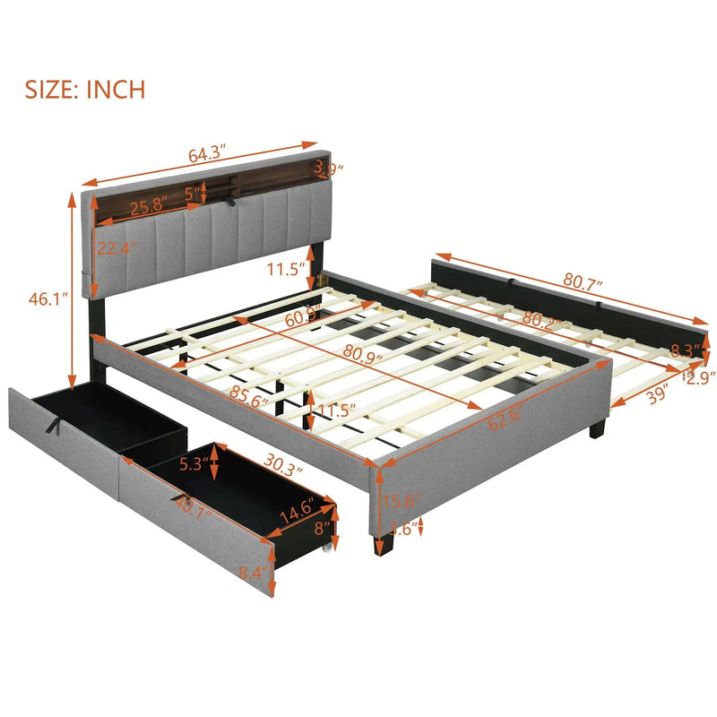 Upholstered Platform Bed With Storage Headboard, Trundle & 2 Drawers And A Set Of Sockets & USB Ports by HouseOfZazla