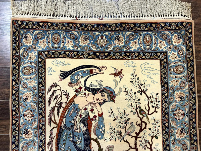Persian Isfahan Pictorial Rug, Two Lovers, Kork Wool on Silk Foundation, Ivory and Light Blue, 500 KPSI Super Fine by Jewel Rugs