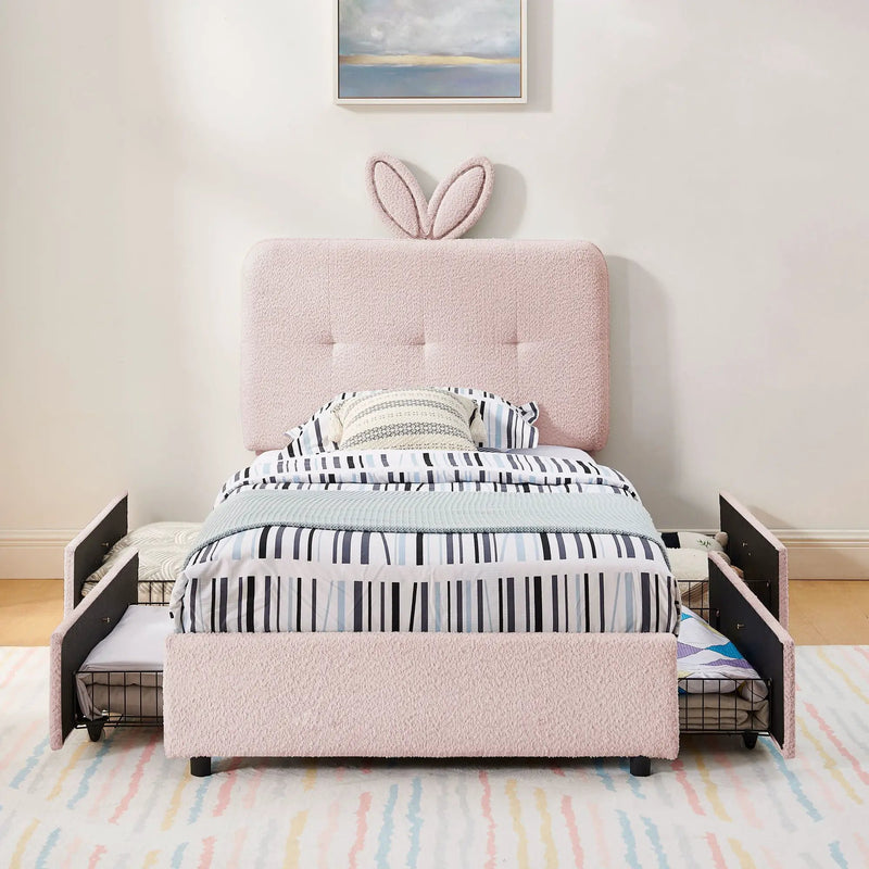 Upholstered Bed With Oversized Rabbit Ear Headboard, LED Lights & 4 Storage Drawers by Unique Piece Furniture