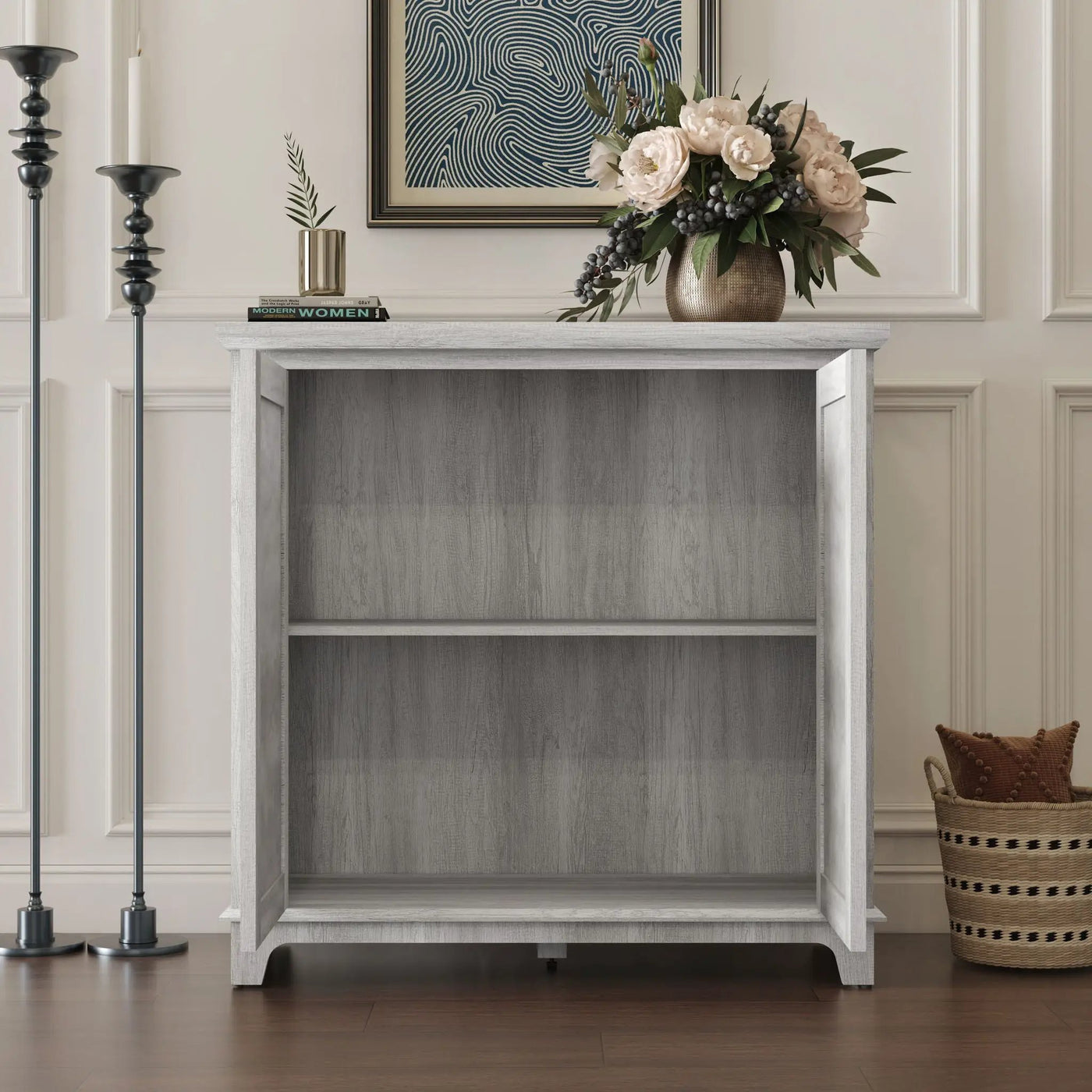 Elegant Sideboard With 2 Acrylic Mirrored Doors, Adjustable Shelf Storage by HouseOfZazla