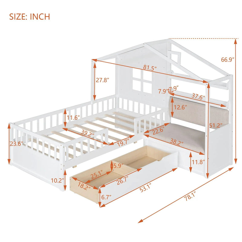 House Bed With Sofa, Kids Platform Bed With 2 Drawers And Storage Shelf by HouseOfZazla
