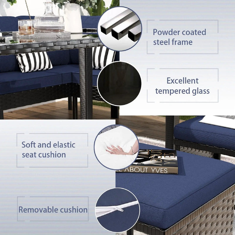 7 Piece Outdoor Furniture Set With Waterproof Cushions, Glass Table, And Space Saving Design - Blue by HouseOfZazla