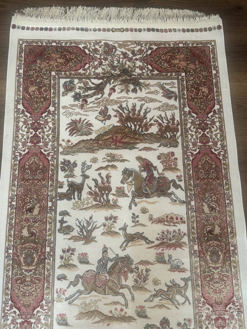 Long Turkish Silk Runner Rug 2.6 x 16.5, Hunting Design, Ivory, Bamboo Silk, New by Jewel Rugs