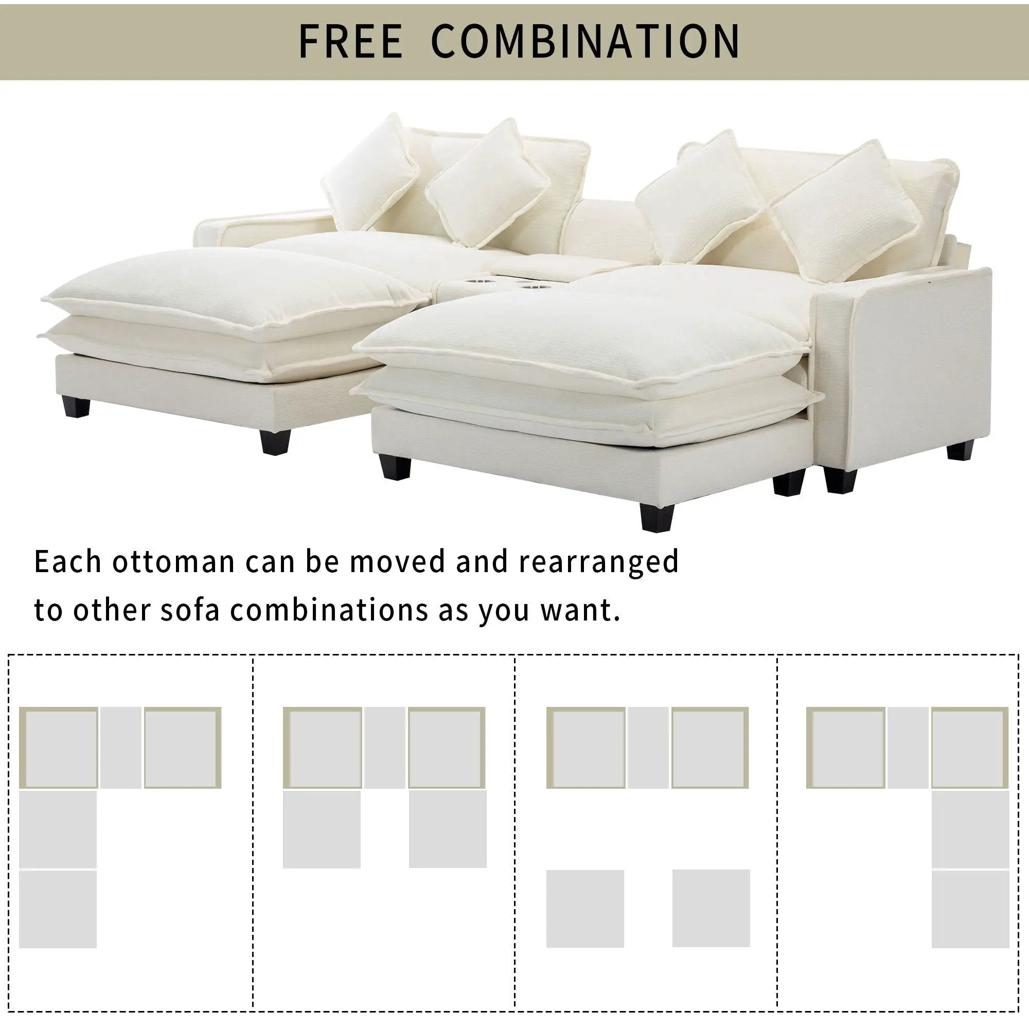 Sectional Sofa Upholstered Sofa With Two Removable Ottoman, Two USB Ports, Two Cup Holders And Large Storage Box For Living Room by Unique Piece Furniture