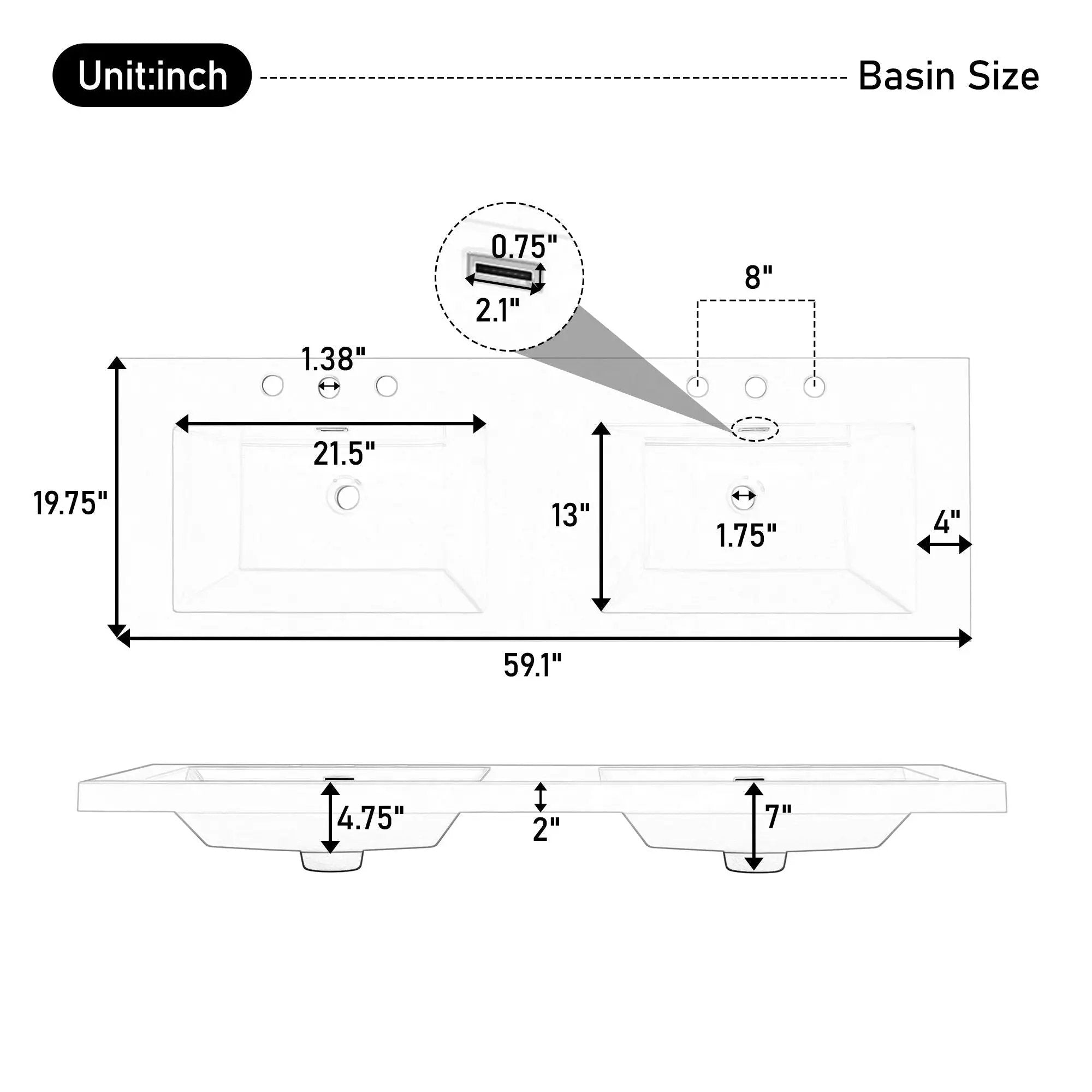 Vanity Top With Undermount Rectangular Double Sinks, Faucet Holes - White by HouseOfZazla
