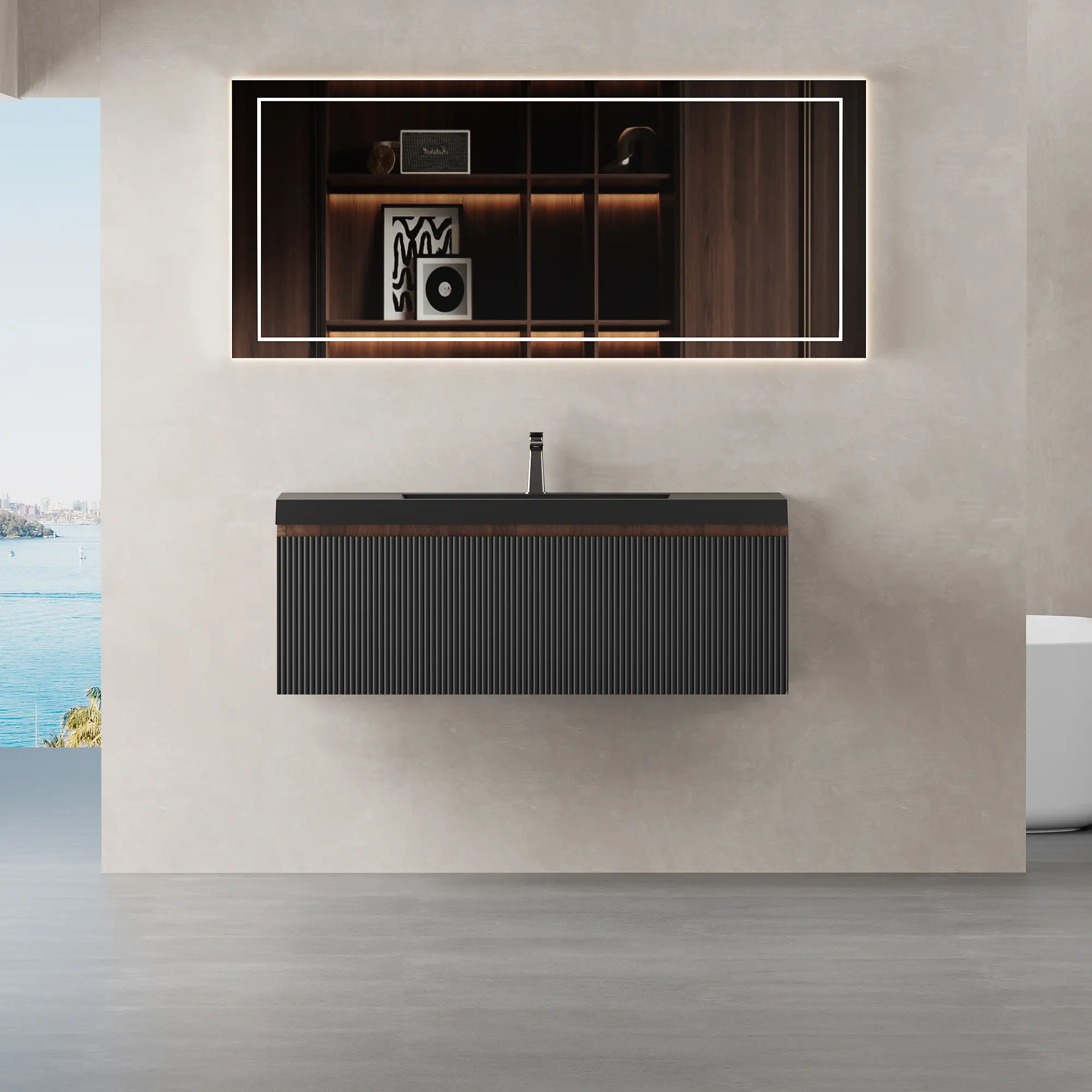 42" Floating Bathroom Vanity with Sink and Striped Storage Cabinet by HouseOfZazla