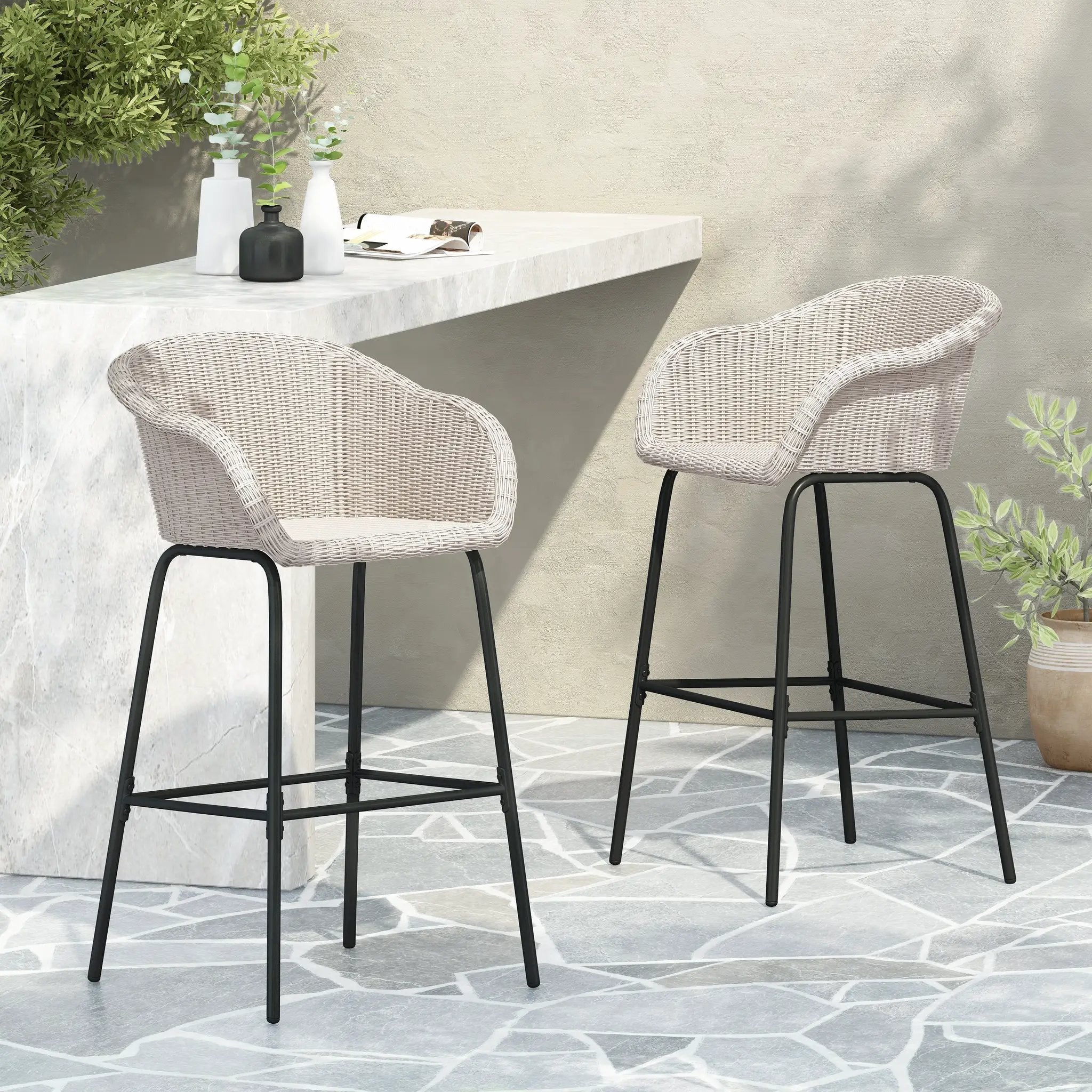 Ladd Outdoor Metal Wicker Barstool Set of 2 - Light Gray by HouseOfZazla