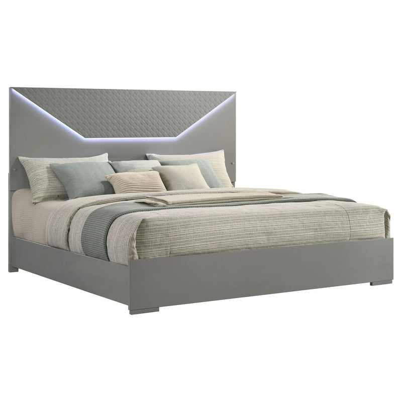 Ives Eastern King Panel Bed LED Headboard Grey High Gloss by Unique Piece Furniture