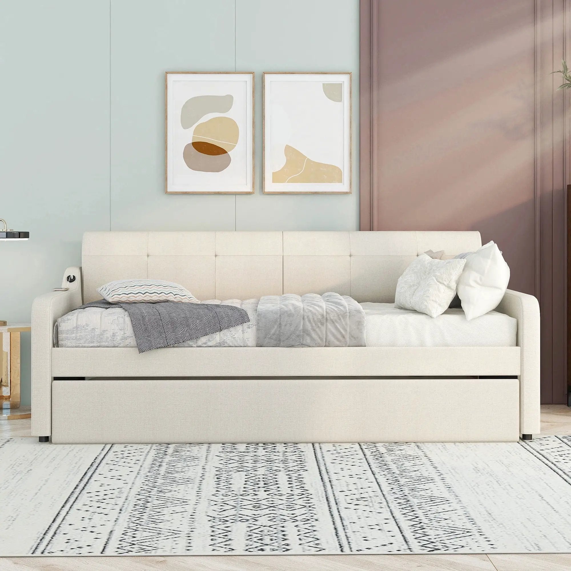 Upholstered Daybed With Trundle And USB Charging