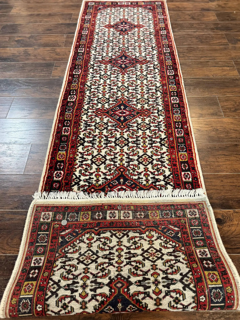 Indo Persian Bidjar Runner Rug 2.8 x 10, Vintage Rug for Hallway, 10ft Runner, Wool Handmade Ivory and Red, Medallions by Jewel Rugs