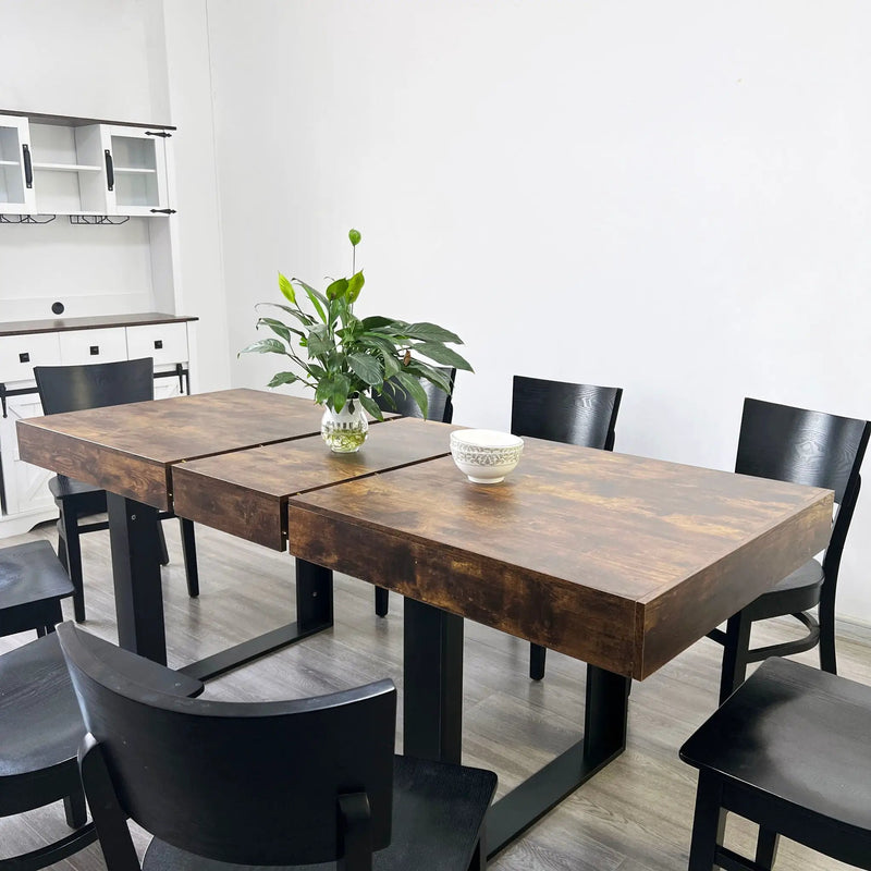 Extendable Dining Room Table For 6 8 10, Modern Farmhouse Wooden Kitchen Expanding Table, Long Large Expandable Dining Room Conference Table - Deep Rustic Brown by Unique Piece Furniture