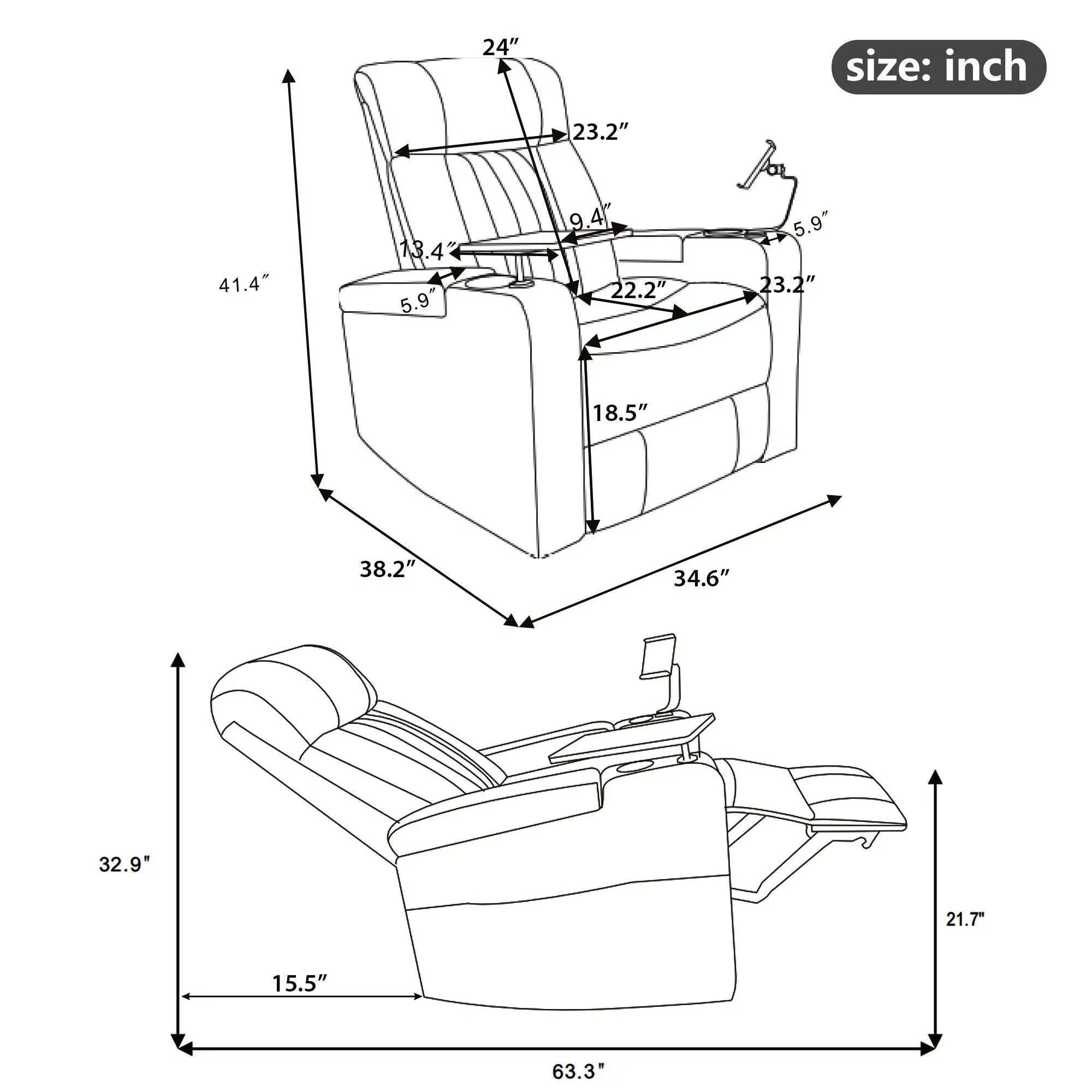 270° Power Swivel Recliner Home Theater Chair With Hidden Arm Storage, LED Light, Cup Holder, And Tray Table by Unique Piece Furniture
