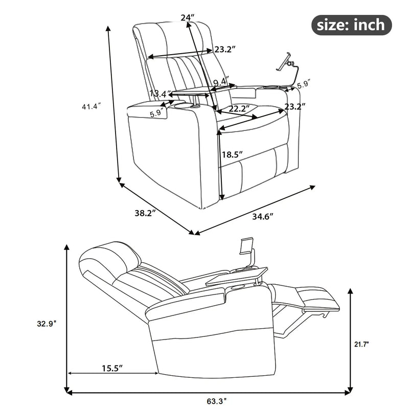 270° Power Swivel Recliner Home Theater Chair With Hidden Arm Storage, LED Light, Cup Holder, And Tray Table by HouseOfZazla