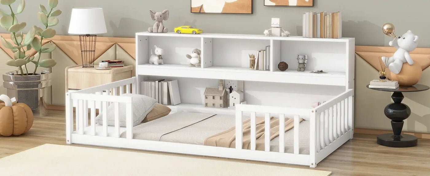 Floor Bed With Bedside Bookcase, Shelves, Guardrails by Unique Piece Furniture