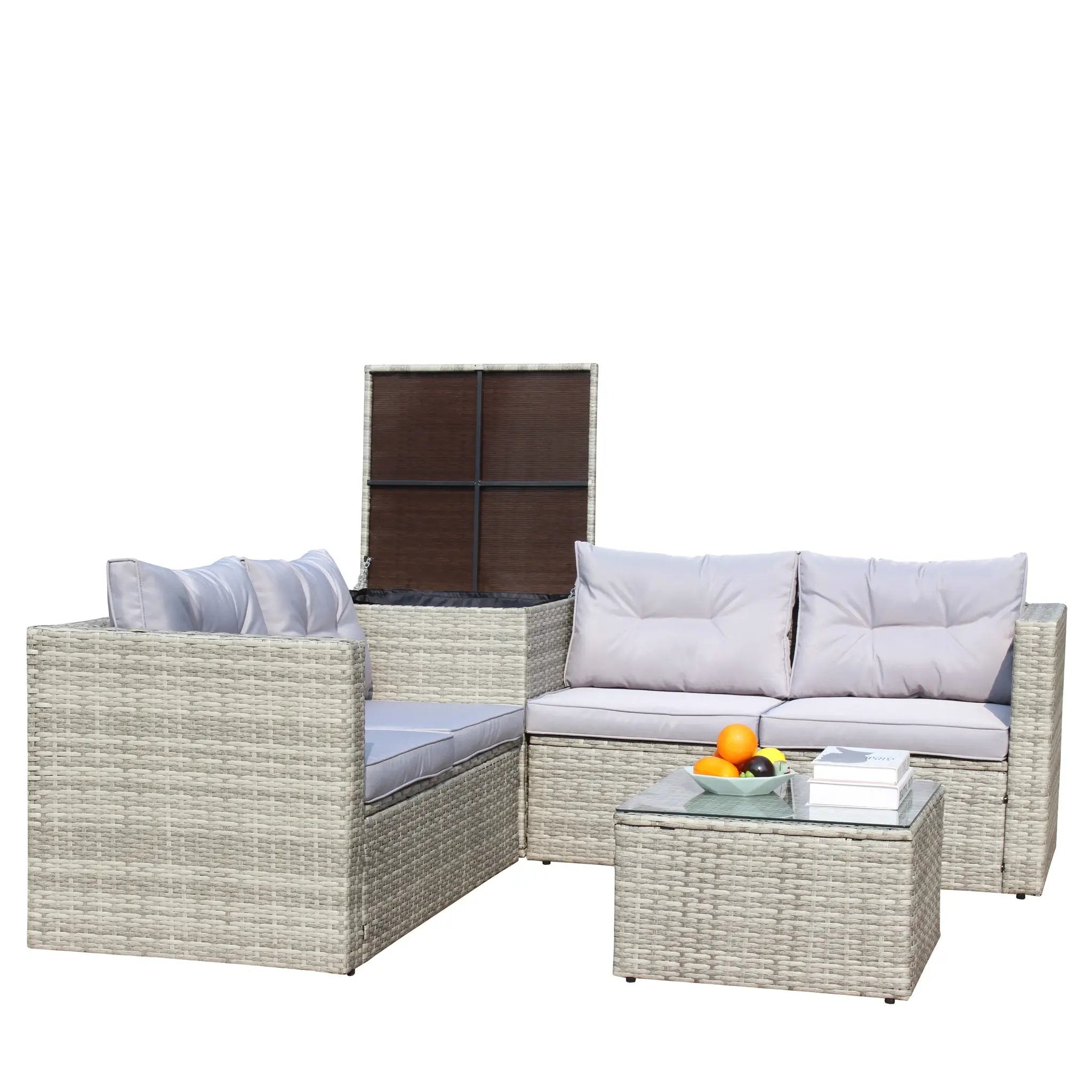 4 Piece Patio Sectional Wicker Rattan Outdoor Furniture Sofa Set with Storage Box Grey by HouseOfZazla