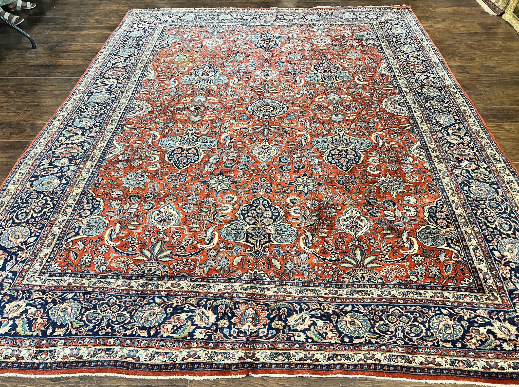 Persian Sarouk Rug 9x12, Red and Dark Blue Floral Allover Antique Persian Carpet, Handmade Wool Qazvin Rug by Jewel Rugs
