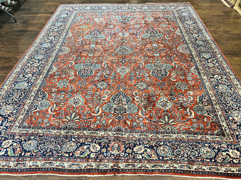 Persian Sarouk Rug 9x12, Red and Dark Blue Floral Allover Antique Persian Carpet, Handmade Wool Qazvin Rug by Jewel Rugs