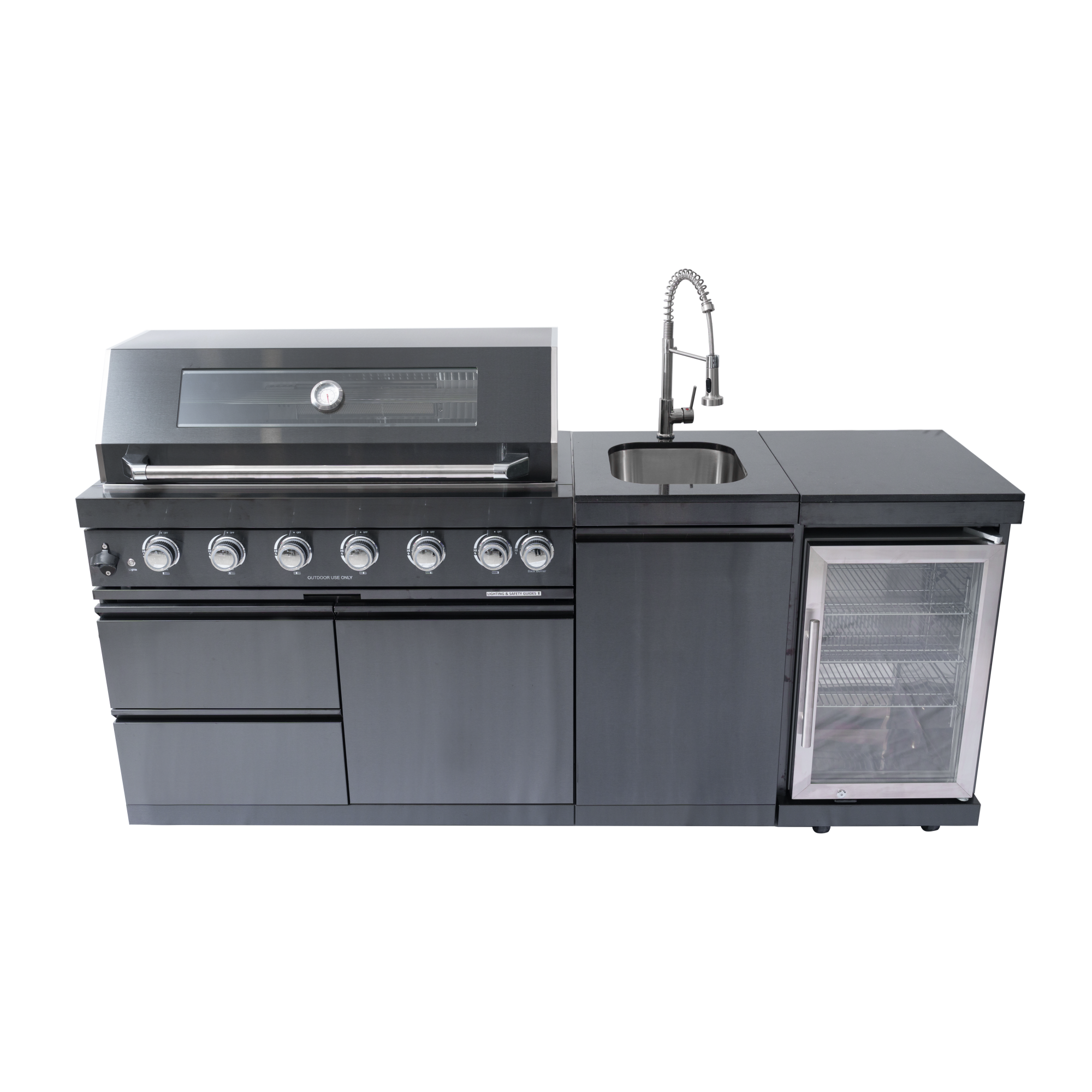 NG 85" 6-Burner 85,000 BTU Black Outdoor Kitchen Island Grill Refrigerator + Rotisserie Kit + Sink by Chery Industrial