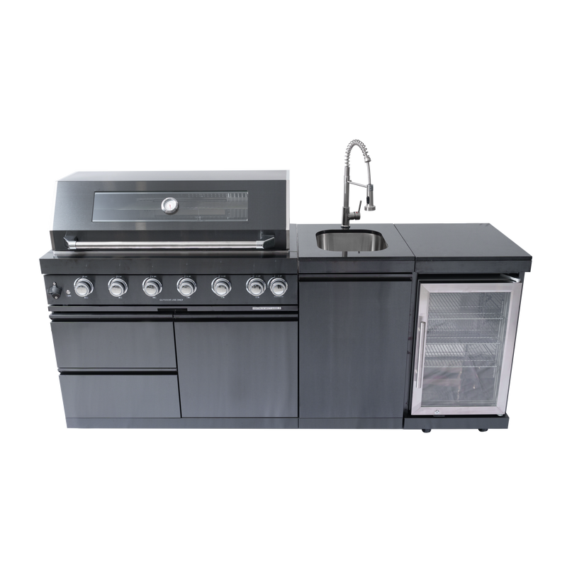 NG 85" 6-Burner 85,000 BTU Black Outdoor Kitchen Island Grill Refrigerator + Rotisserie Kit + Sink by Chery Industrial
