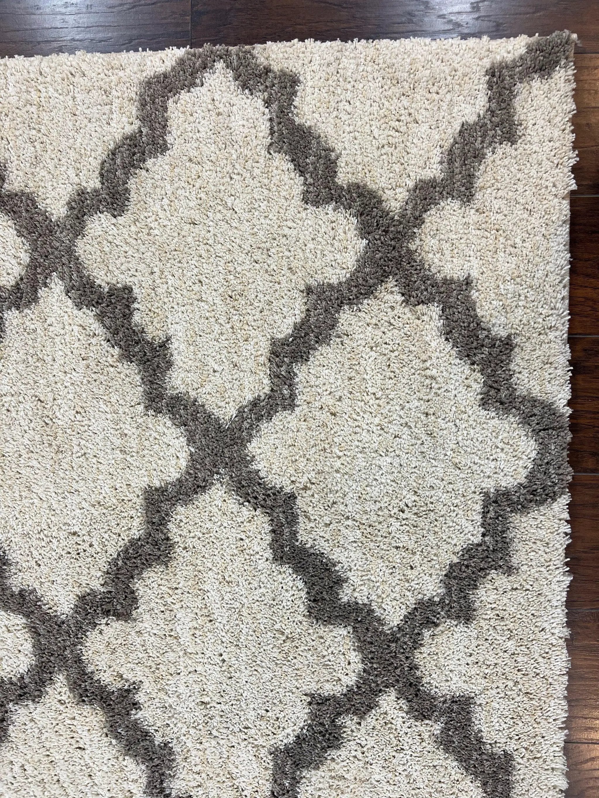 Modern Shag Rug, Ivory and Gray, Diamond Panel Design, Room Sized Area Rug by Jewel Rugs