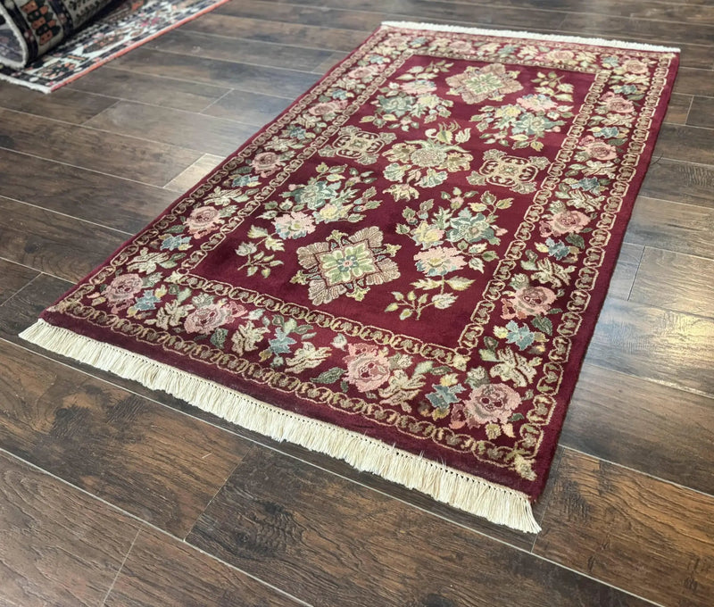 Indo Persian Kerman Rug 4x6, Burgundy, Floral by Jewel Rugs
