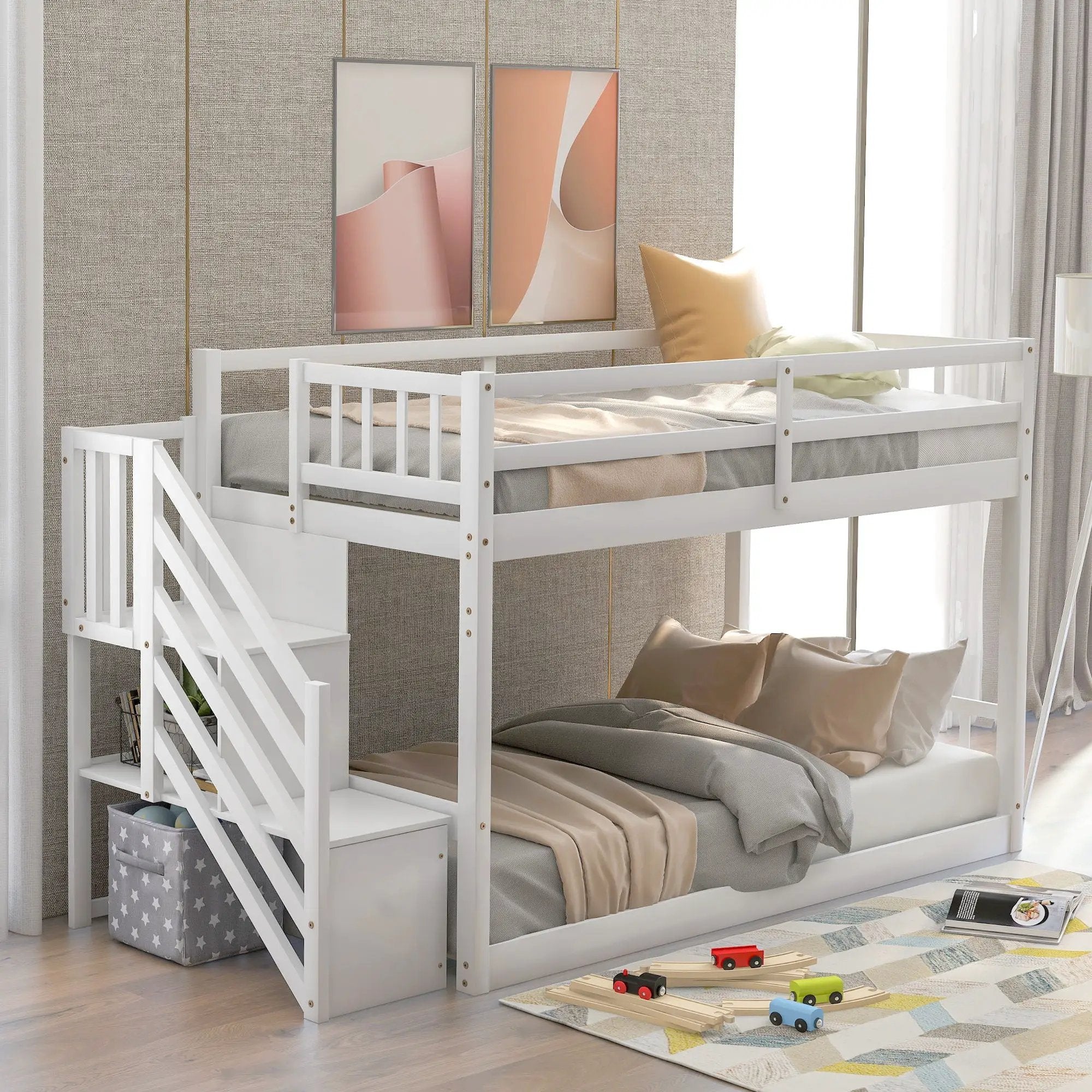 Twin Over Twin Floor Bunk Bed, Ladder With Storage by Unique Piece Furniture