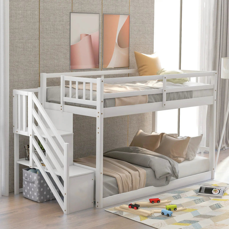Twin Over Twin Floor Bunk Bed, Ladder With Storage by Unique Piece Furniture