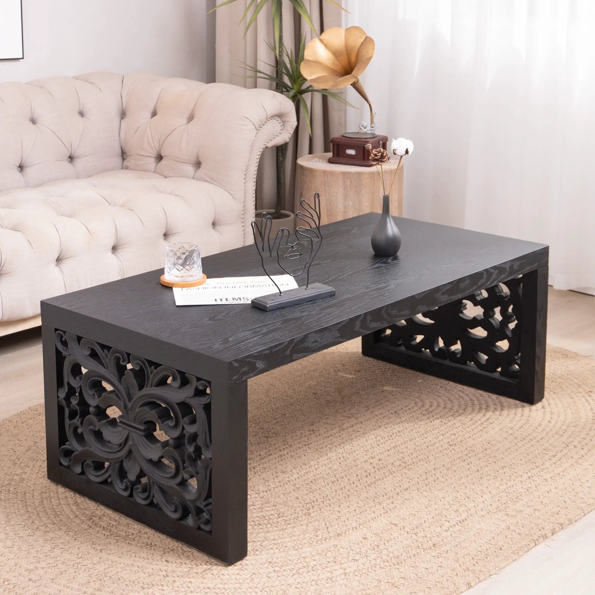 Rustic Carved Wood Coffee Table, Handcrafted Look With Ornate Side Panels by Unique Piece Furniture