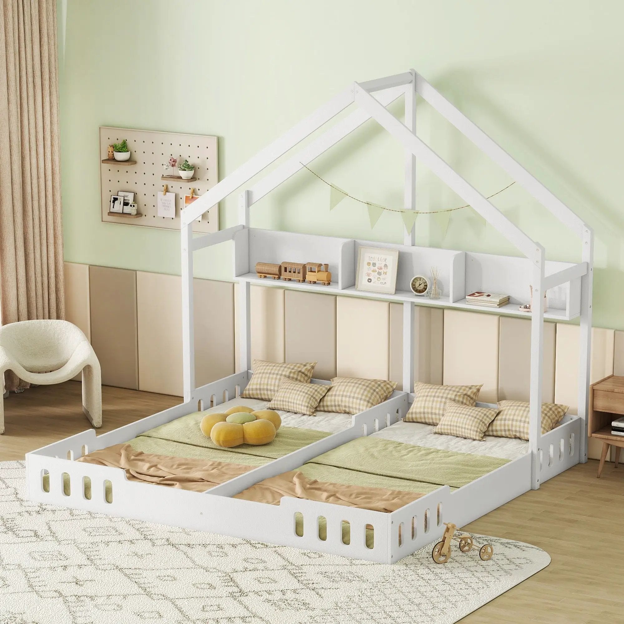 Twin Size Platform Bed With Shared Design, Guardrails, And Built In Shelves - Creamy White by HouseOfZazla
