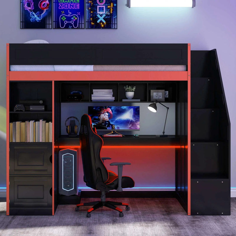 Gaming Loft Bed With Desk And Storage, LED Lights by HouseOfZazla