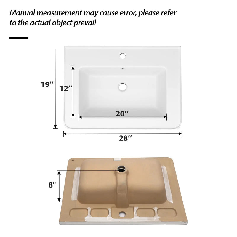Rectangular Single Vanity Top With 1 Faucet Hole And Overflow, 28 X 19" - White by HouseOfZazla