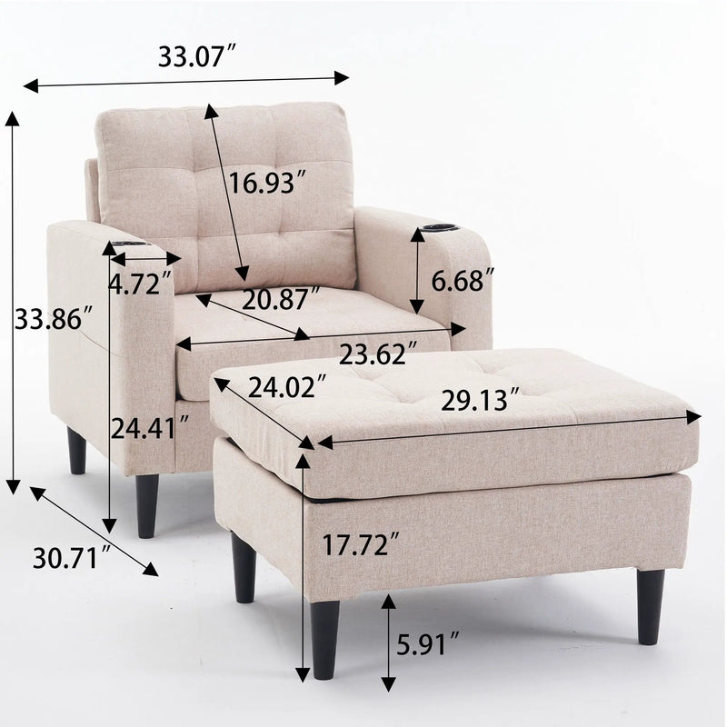 Upholstered Armchair And Storage Ottoman Set, Comfortable Single Sofa With Cup Holders And Tufted Detailing, Ideal For Living Room Or Bedroom by HouseOfZazla