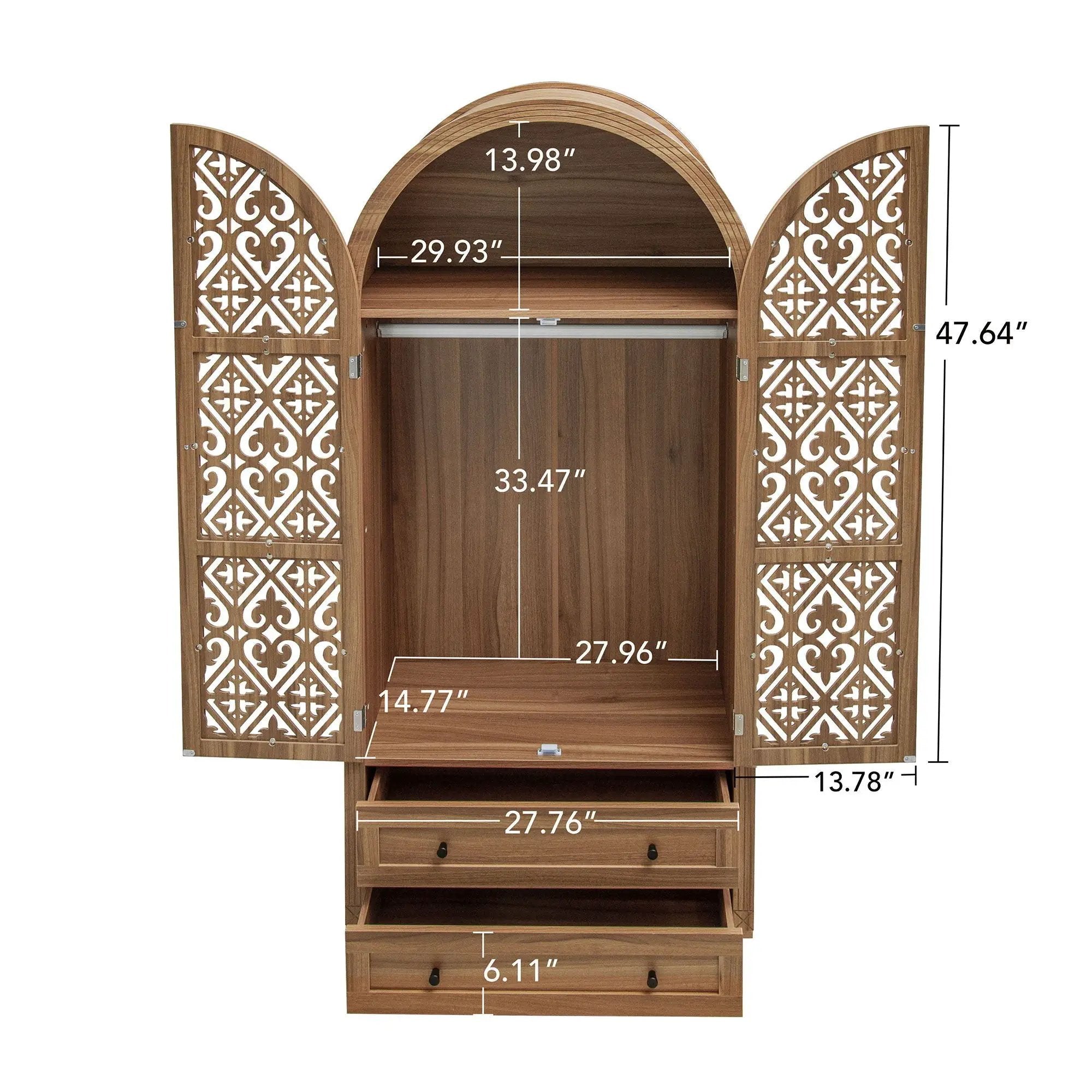 Tall Kitchen Pantry Cabinet With Hollow Carved Doors 2 Drawers And Adjustable Shelves Storage Display Cabinet For Kitchen Dining Room Or Living Room - Walnut by Unique Piece Furniture