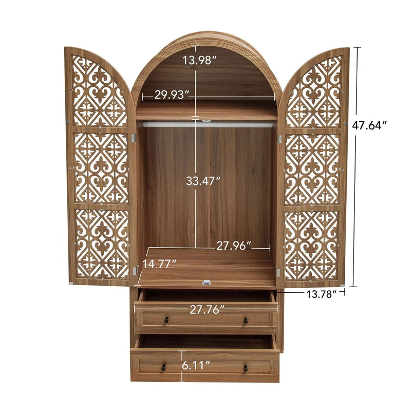 Tall Kitchen Pantry Cabinet With Hollow Carved Doors 2 Drawers And Adjustable Shelves Storage Display Cabinet For Kitchen Dining Room Or Living Room - Walnut by Unique Piece Furniture