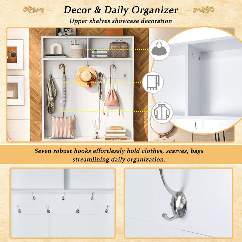 Entryway Bench With Coat Rack, 3 In 1 Design And Adjustable Shelves