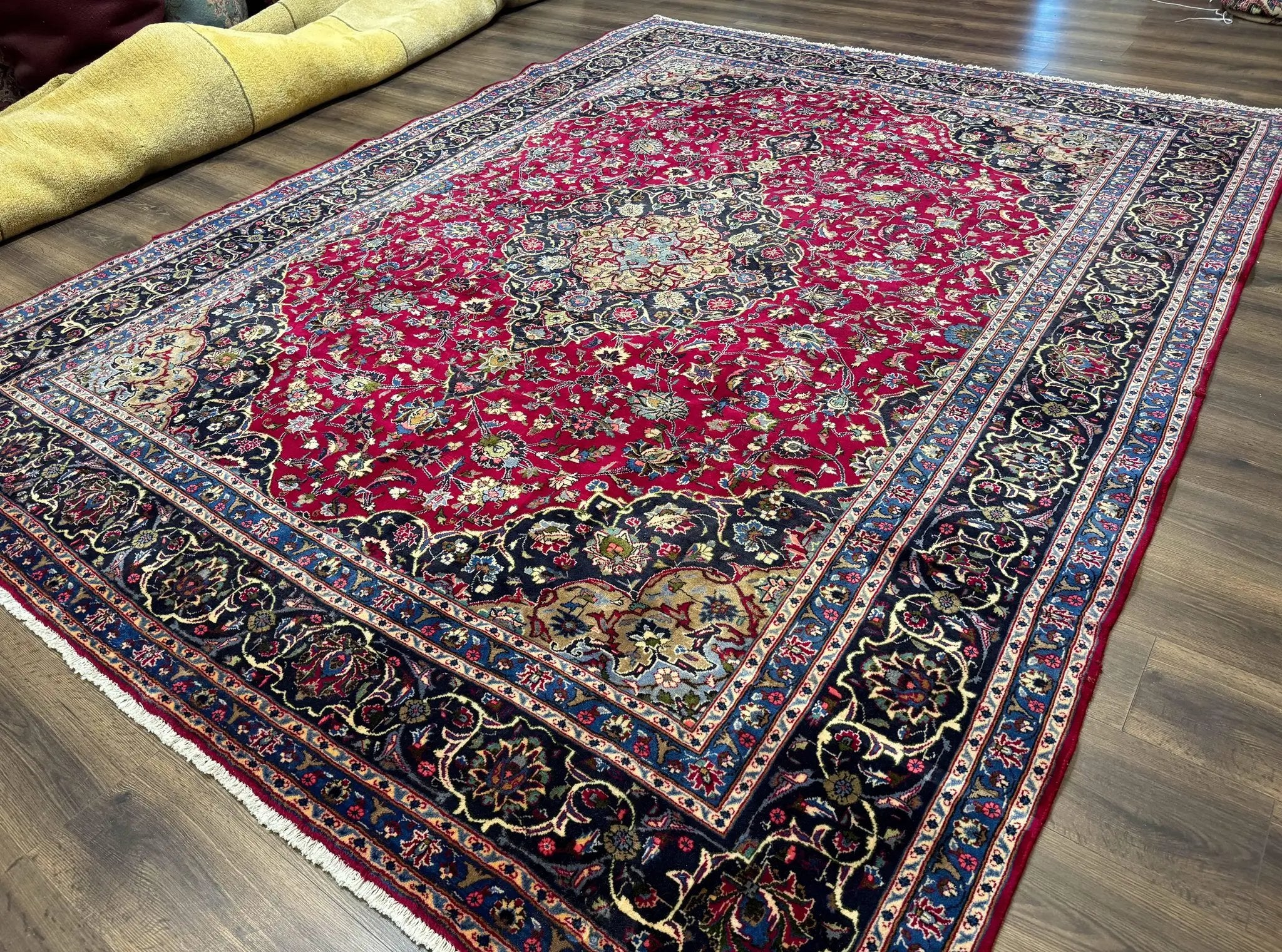 Traditional Persian Rug 8x11, Red Navy Blue, Floral Medallion, Antique Persian Mashad Carpet, Wool by Jewel Rugs