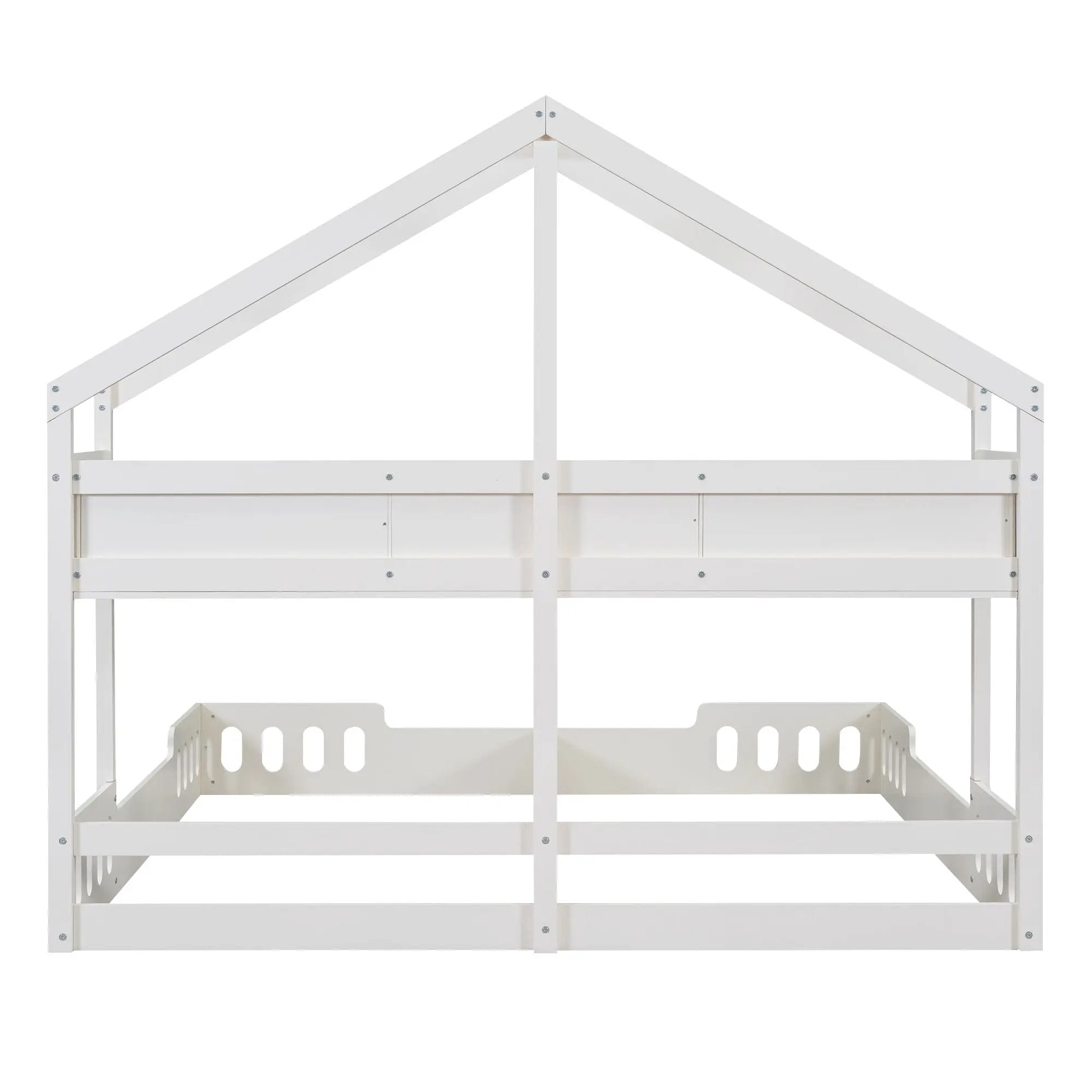 Twin Size Platform Bed With Shared Design, Guardrails, And Built In Shelves - Creamy White by HouseOfZazla