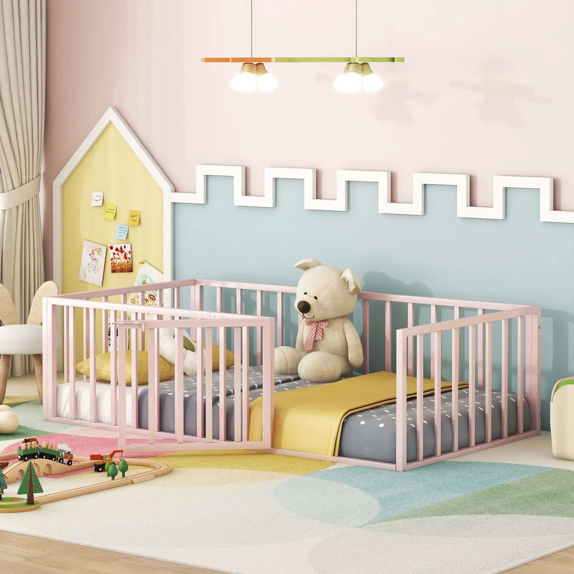 Metal Floor Bed Frame With Fence And Door by HouseOfZazla