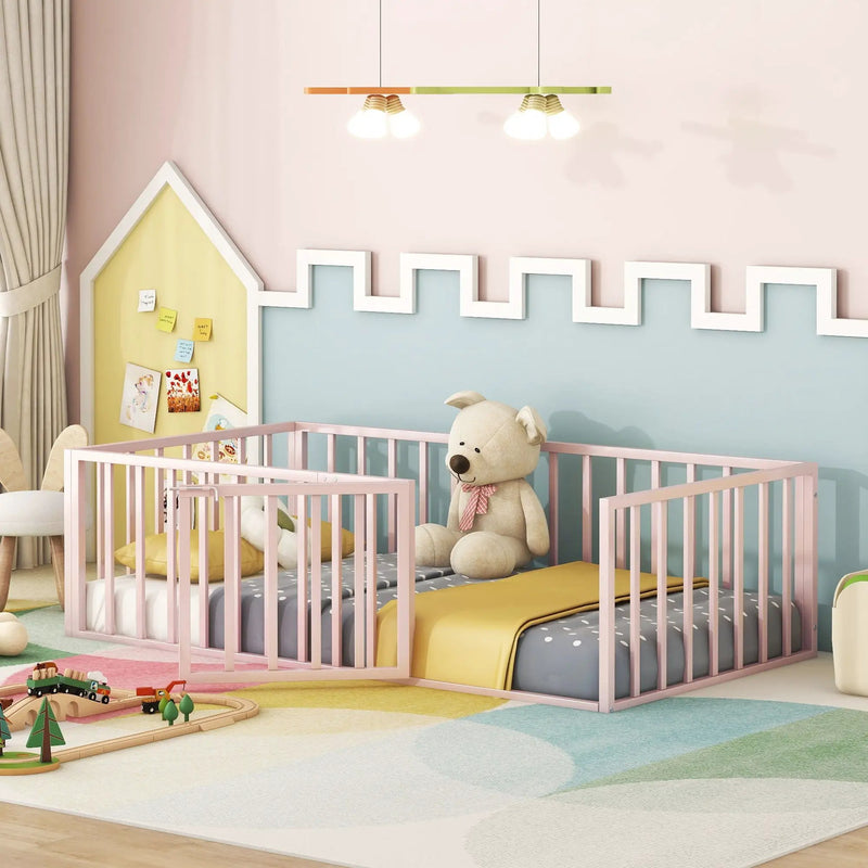 Metal Floor Bed Frame With Fence And Door by HouseOfZazla