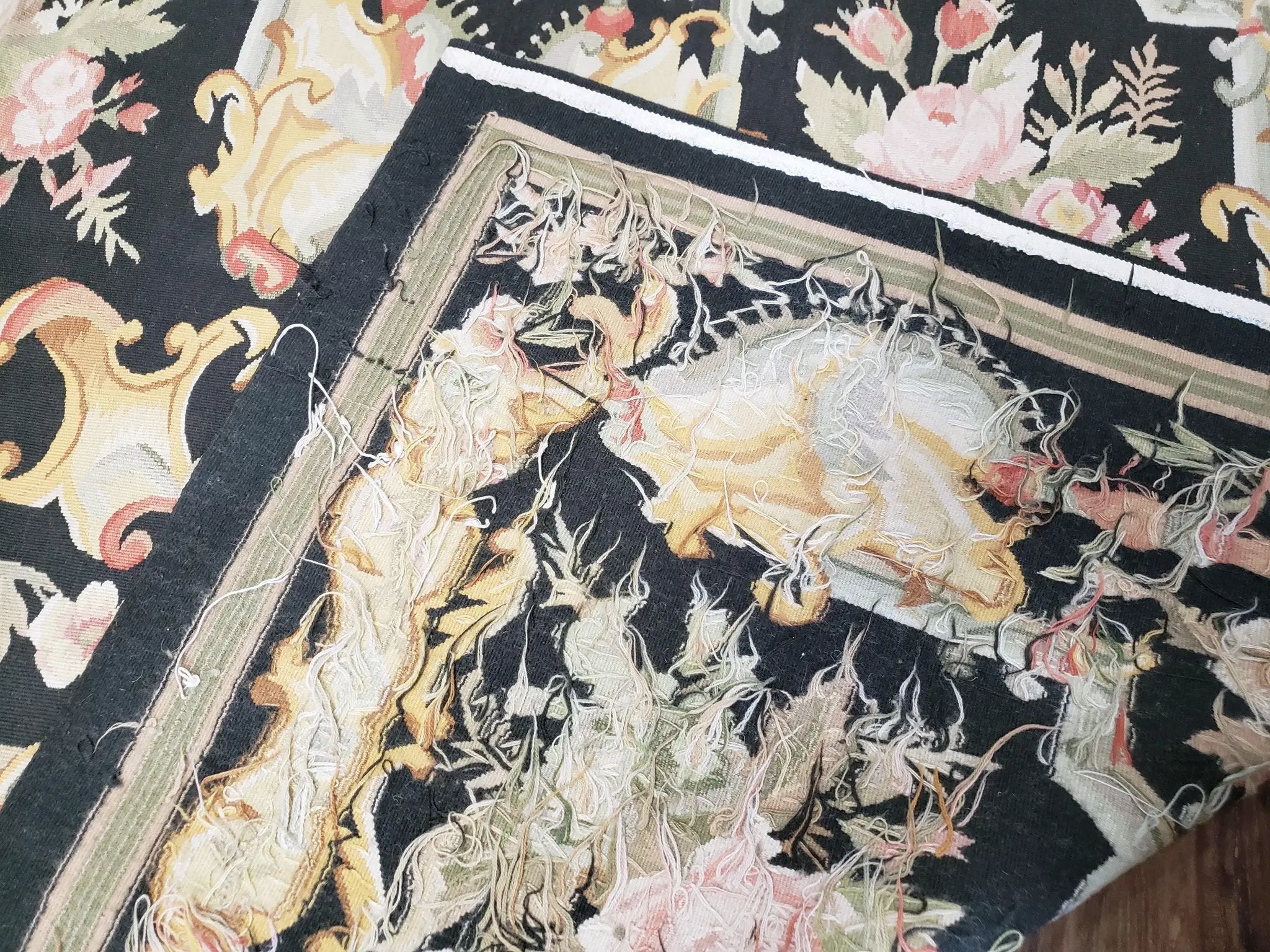 Vintage Black Aubusson Area Rug 8x10, Large Flowers Chinese Aubusson Carpet 7.9 x 10, Wool Hand-Knotted Floral Pattern Flat Weave Rug Nice by Jewel Rugs