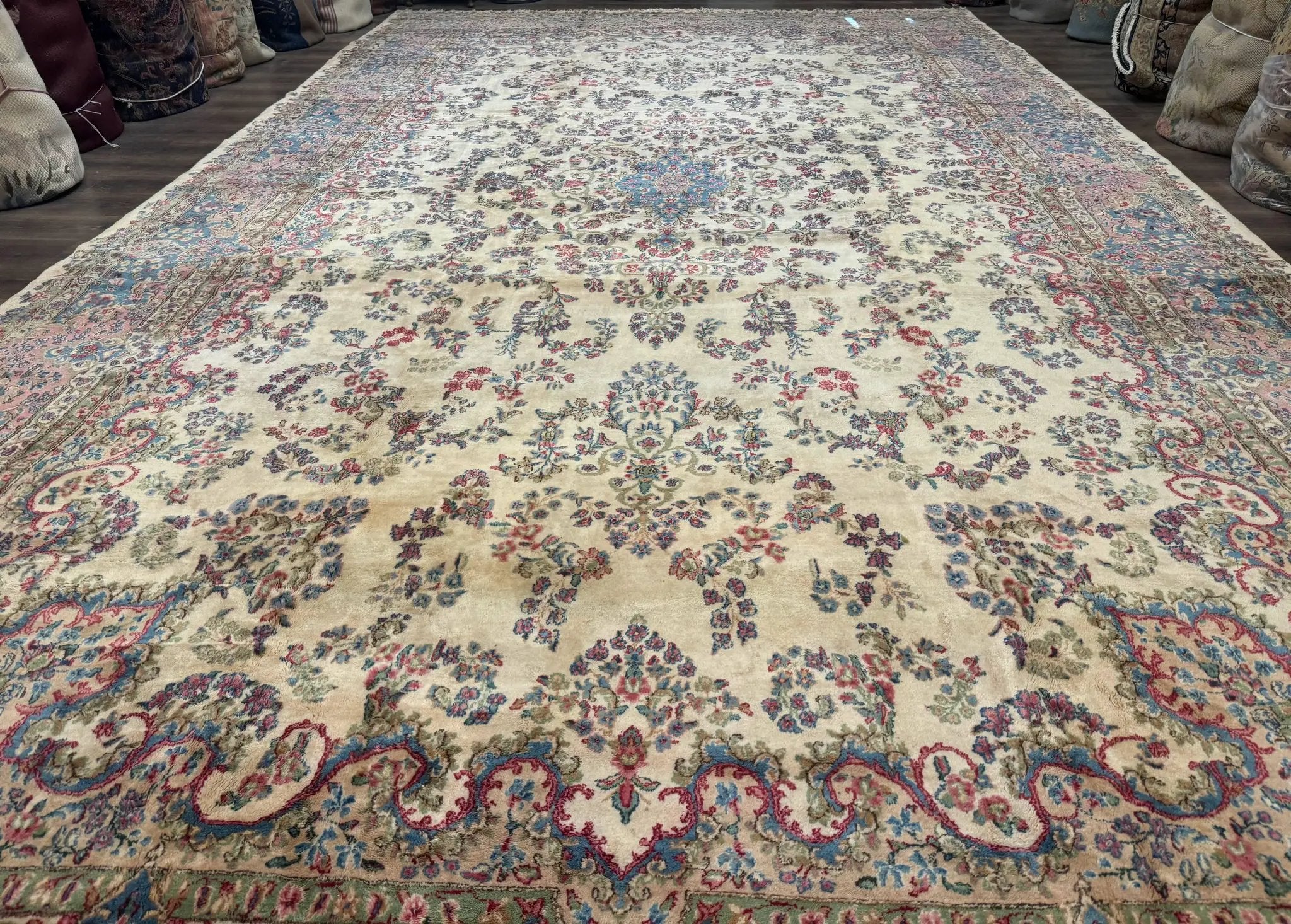 Palace Size Persian Kerman Rug 11x20 ft, Very Fine 340 KPSI, Vintage Oversized Wool Handmade Large Persian Carpet, Beige Light Blue Pink by Jewel Rugs