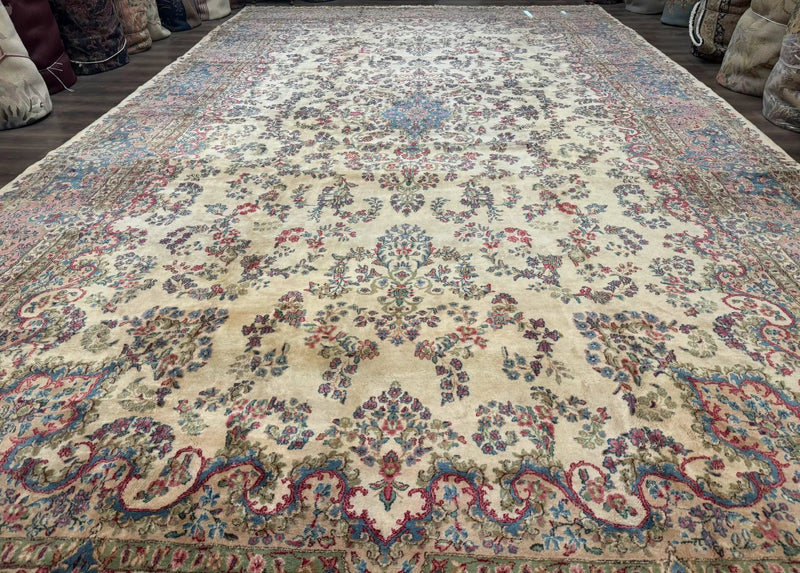 Palace Size Persian Kerman Rug 11x20 ft, Very Fine 340 KPSI, Vintage Oversized Wool Handmade Large Persian Carpet, Beige Light Blue Pink by Jewel Rugs