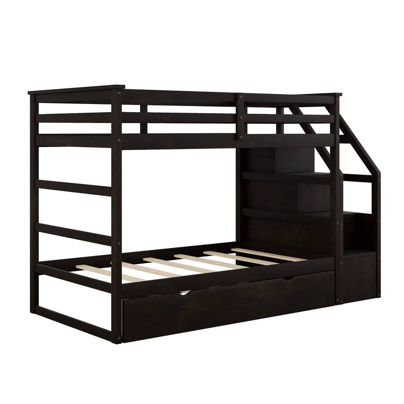 Twin Over Twin Bunk Bed With Twin Size Trundle And 3 Storage Stairs - Espresso by HouseOfZazla