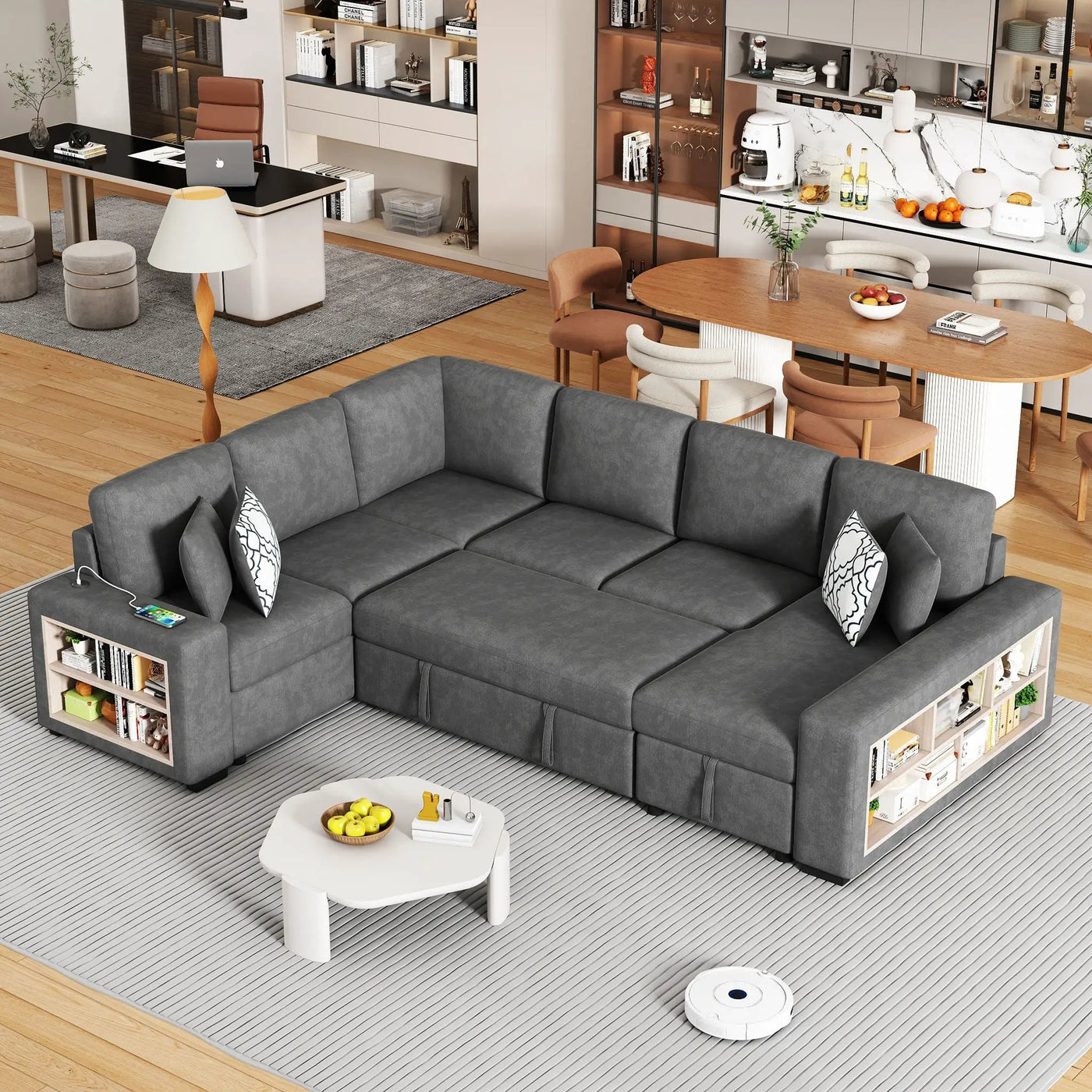 U-Shaped Sectional Sofa Pull-Out Sofa Bed With Two USB Ports, A Storage Chaise Lounge And Four Back Pillows For Living Room by Unique Piece Furniture