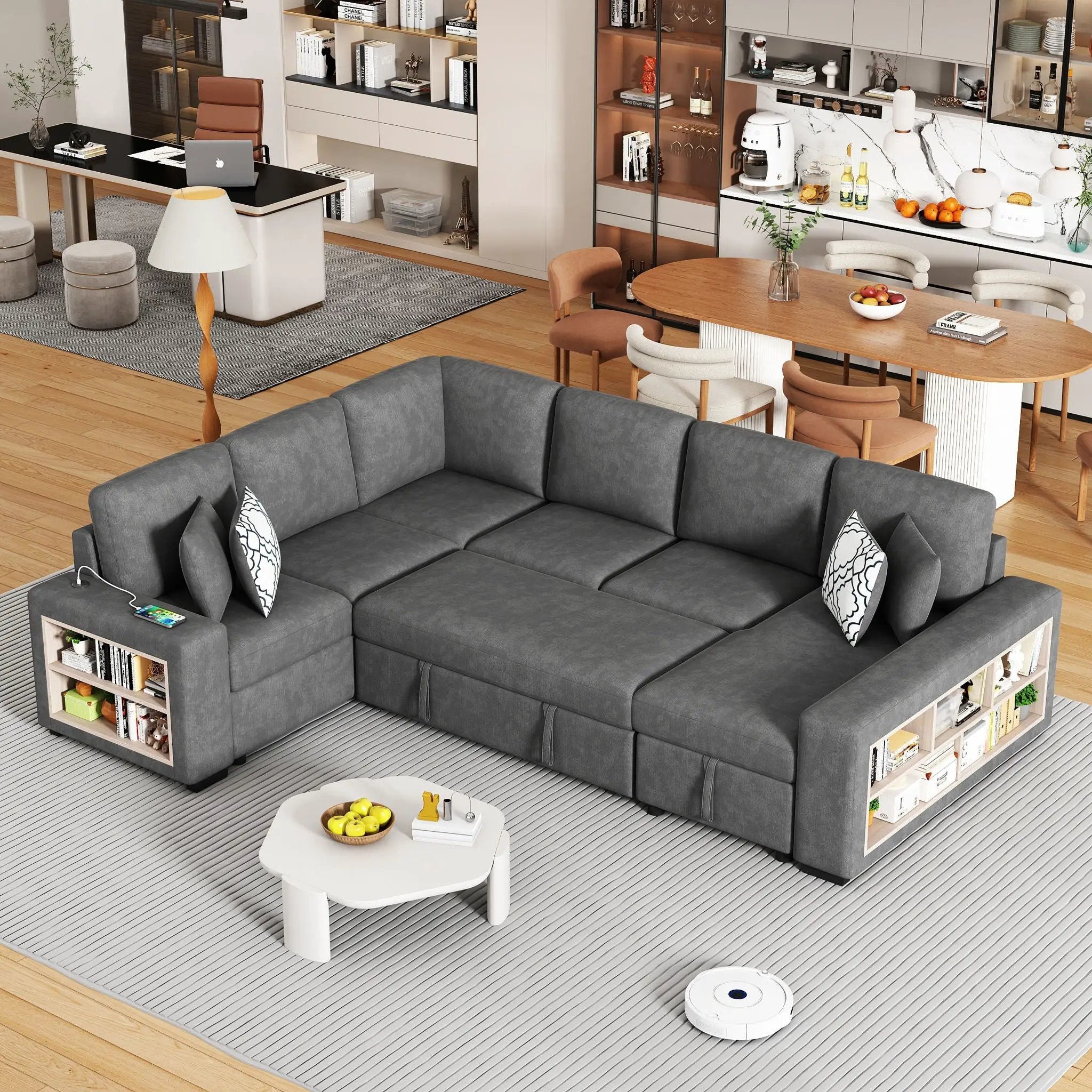U-Shaped Sectional Sofa Pull-Out Sofa Bed With Two USB Ports, A Storage Chaise Lounge And Four Back Pillows For Living Room by Unique Piece Furniture