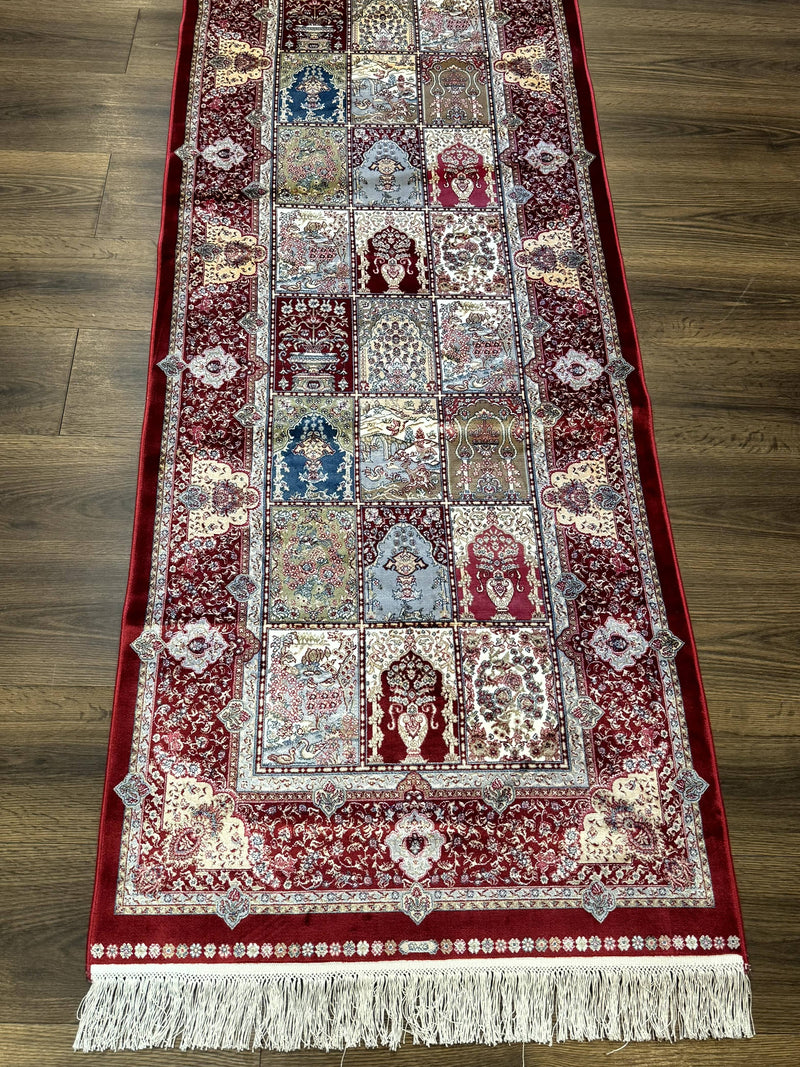 Turkish Silk Runner Rug 2.6 x 11.6, Panel Design, Dark Red Ivory, Bamboo Silk, New by Jewel Rugs