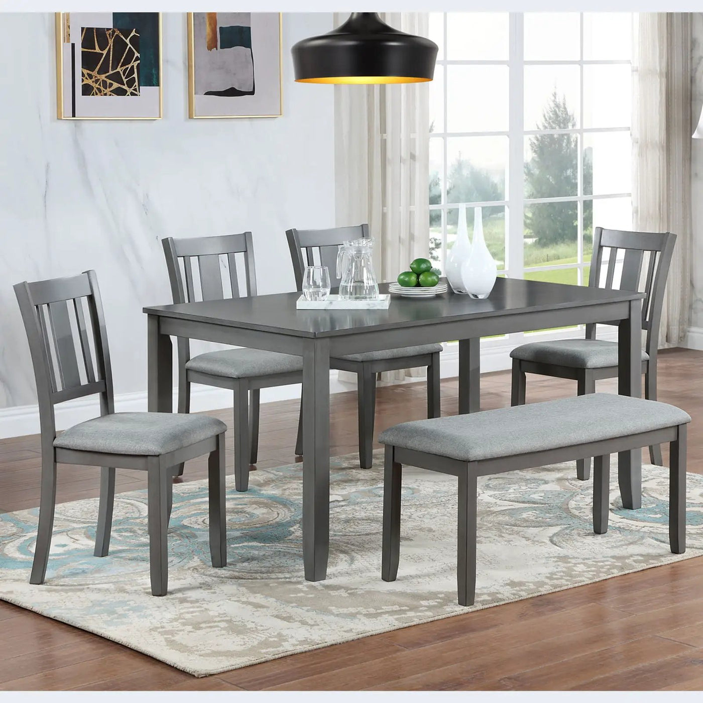 6 Pieces Kitchen Dining Set, Rectangular Wooden Dining Table With 4 Upholstered Chairs And A Bench by HouseOfZazla