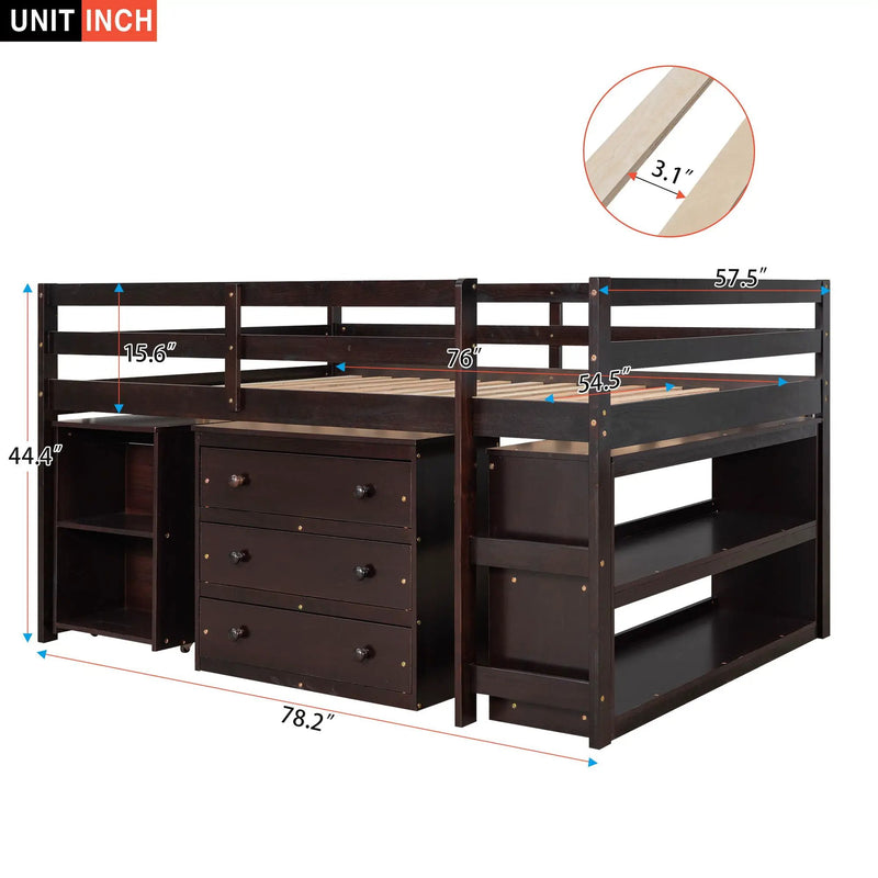 Loft Low Study Bed With Cabinet, Shelves And Rolling Portable Desk, Multiple Functions by HouseOfZazla